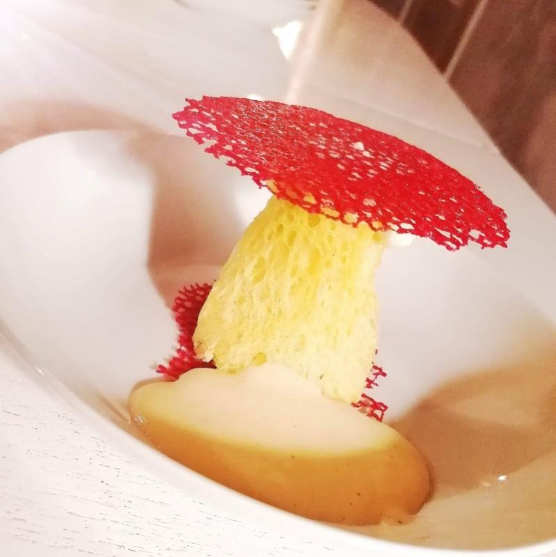 Sponge cake med rabarberkompot, creme anglaise og koral tuile